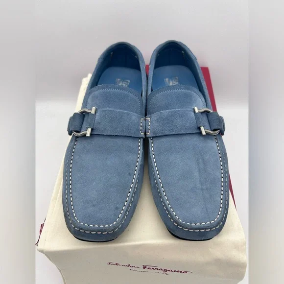 Salvatore Ferragamo Men Driving Suede Blue Moccasin Loafers Logo Sz 9 D - Picture 5 of 16